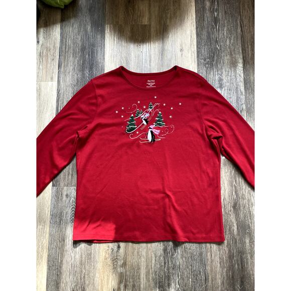 Studio Works Embroidered Beaded Red Cotton Penguin Holiday Top Large Winter Cozy - Picture 2 of 5